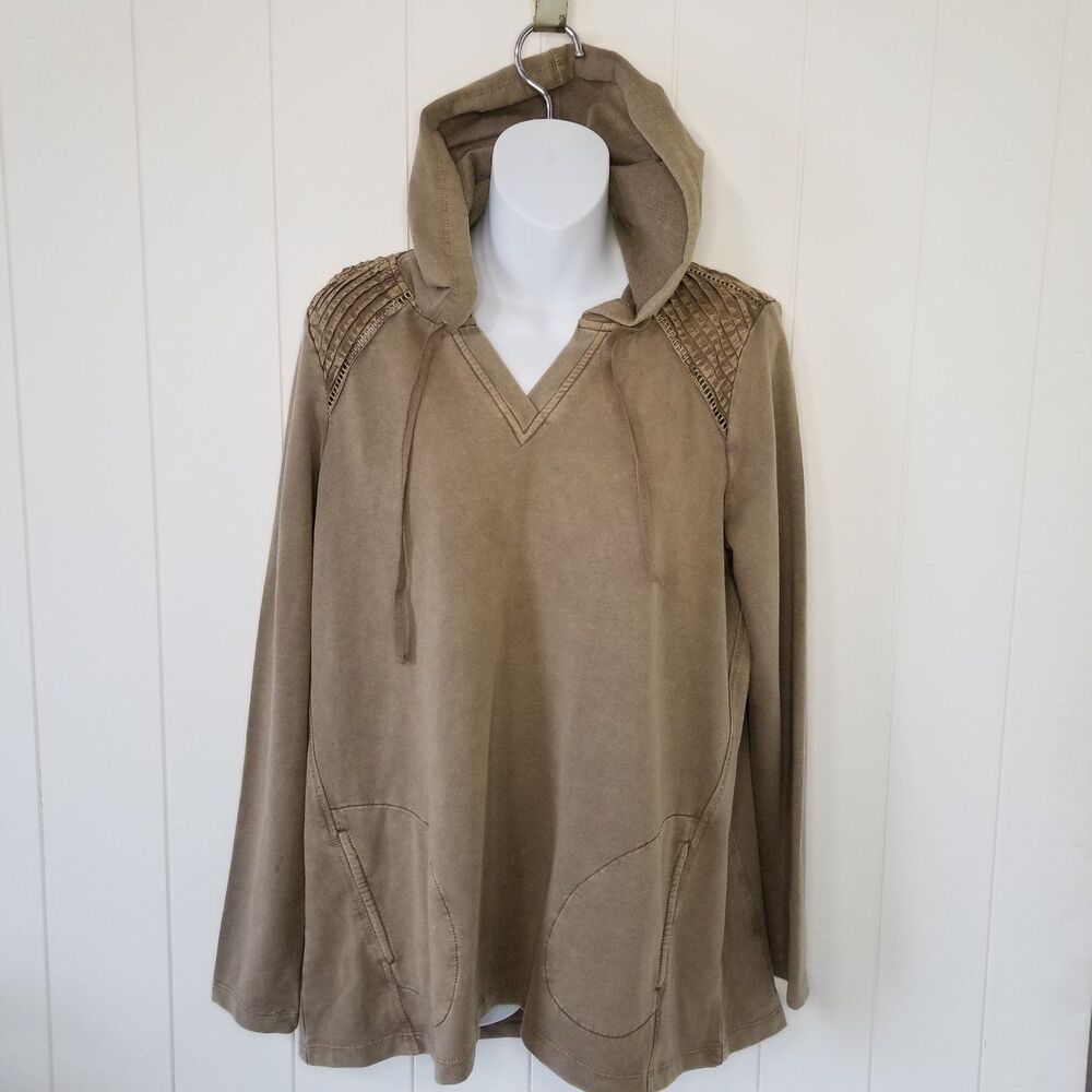 LOGO Lori Goldstein Hooded Tunic Top Size Small Tan Brown Long Sleeve Lounge